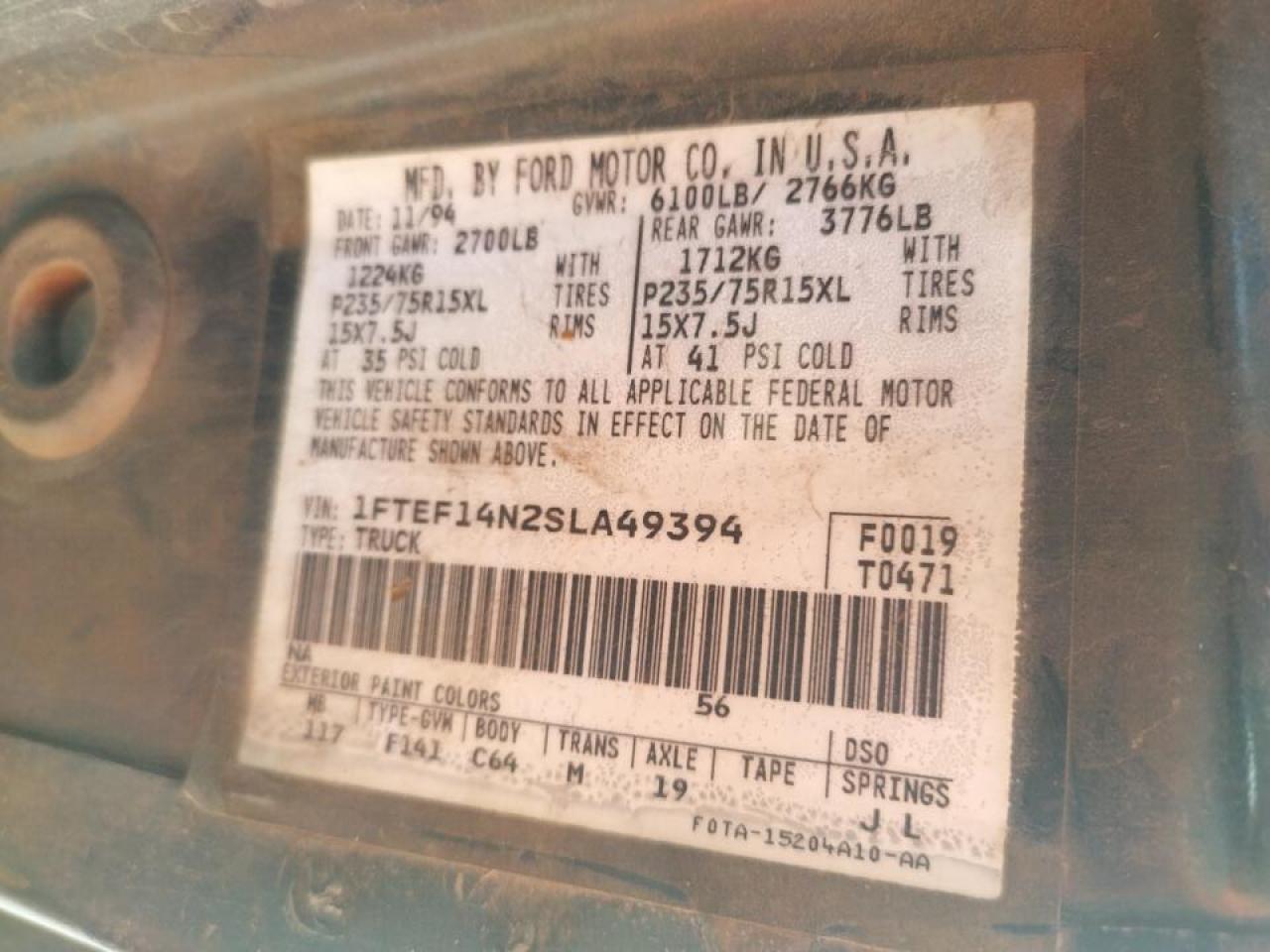 Photo 10 from auction – 1995 FORD F150 with VIN 1FTEF14N2SLA49394