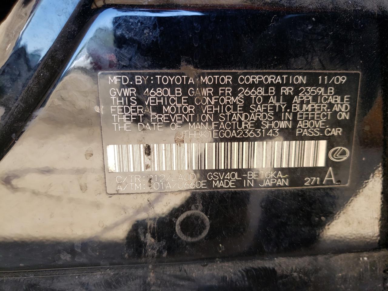 Photo 10 from auction – 2010 LEXUS ES 350 with VIN JTHBK1EG0A2363143