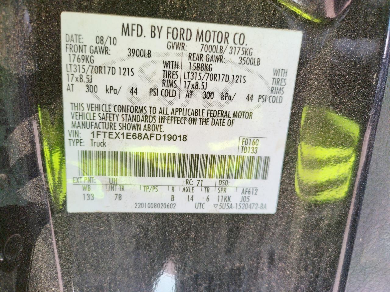 Photo 10 from auction – 2010 FORD F150 SUPER with VIN 1FTEX1E68AFD19018