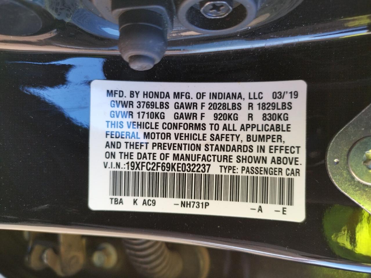 Photo 10 from auction – 2019 HONDA CIVIC with VIN 19XFC2F69KE032237