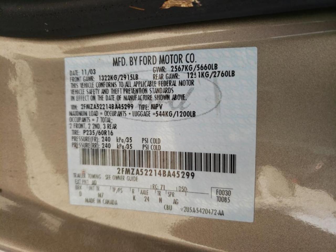 Photo 10 from auction – 2004 FORD FREESTAR S with VIN 2FMZA52214BA45299
