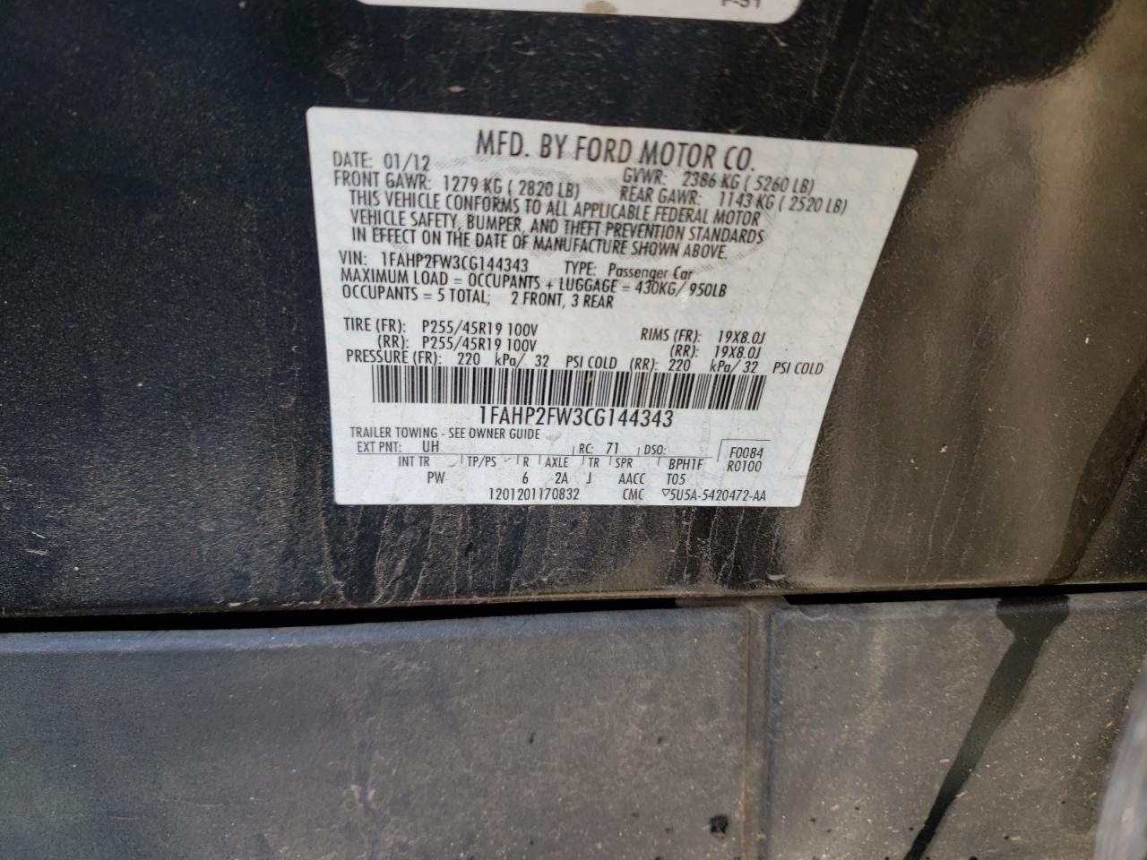 Photo 10 from auction – 2012 FORD TAURUS LIM with VIN 1FAHP2FW3CG144343