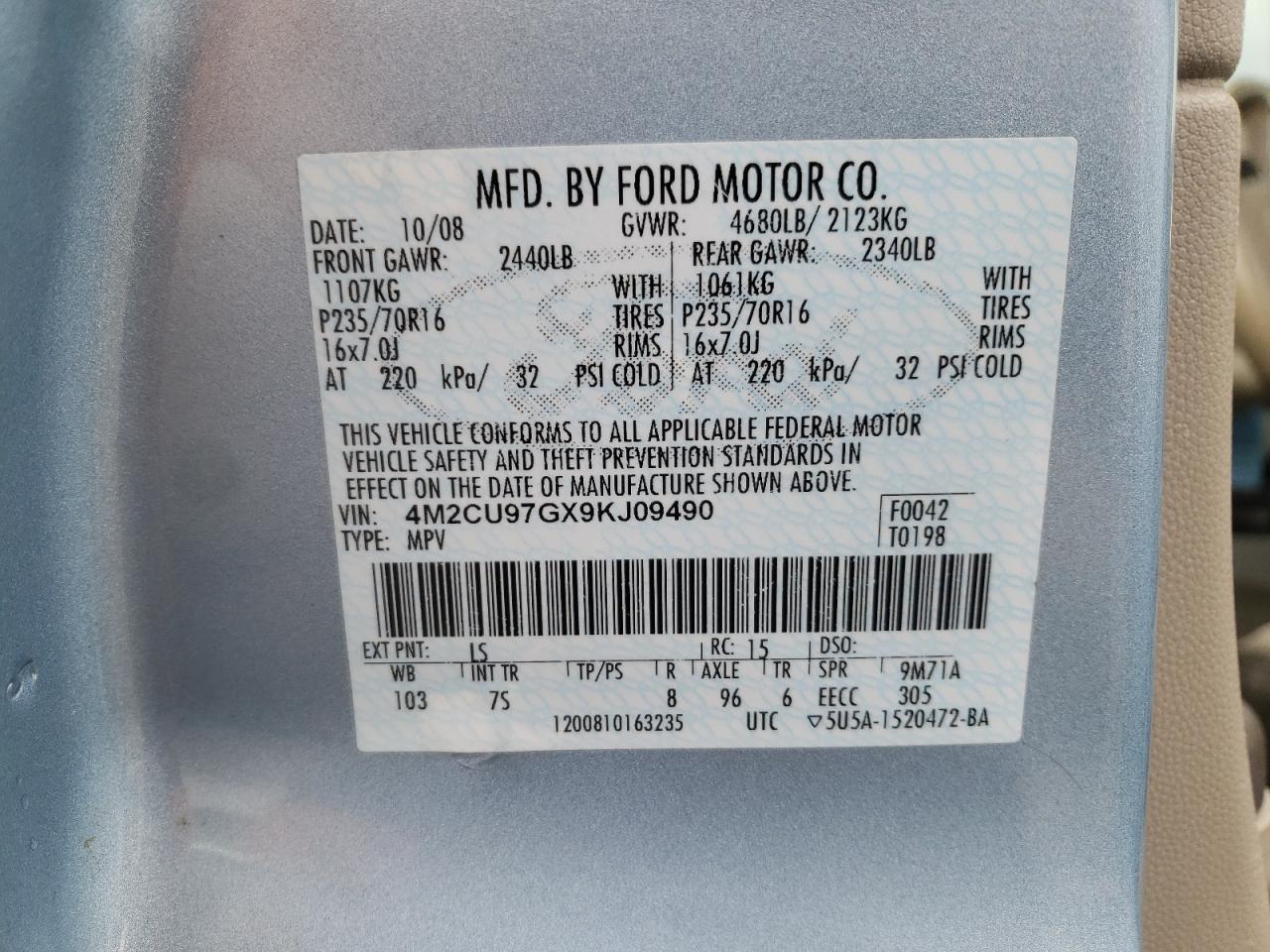Photo 10 from auction – 2009 MERCURY MARINER PR with VIN 4M2CU97GX9KJ09490