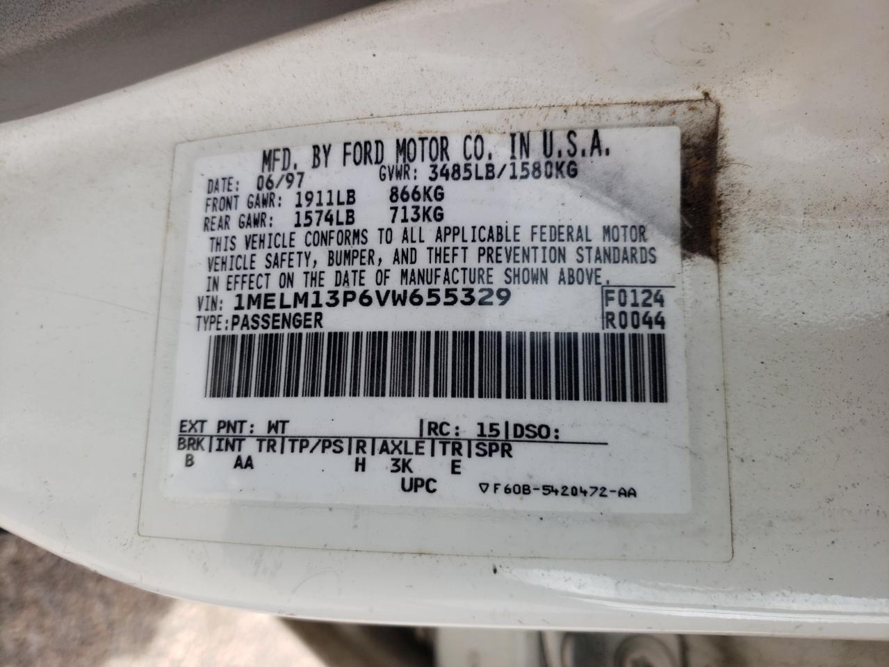 Photo 10 from auction – 1997 MERCURY TRACER LS with VIN 1MELM13P6VW655329