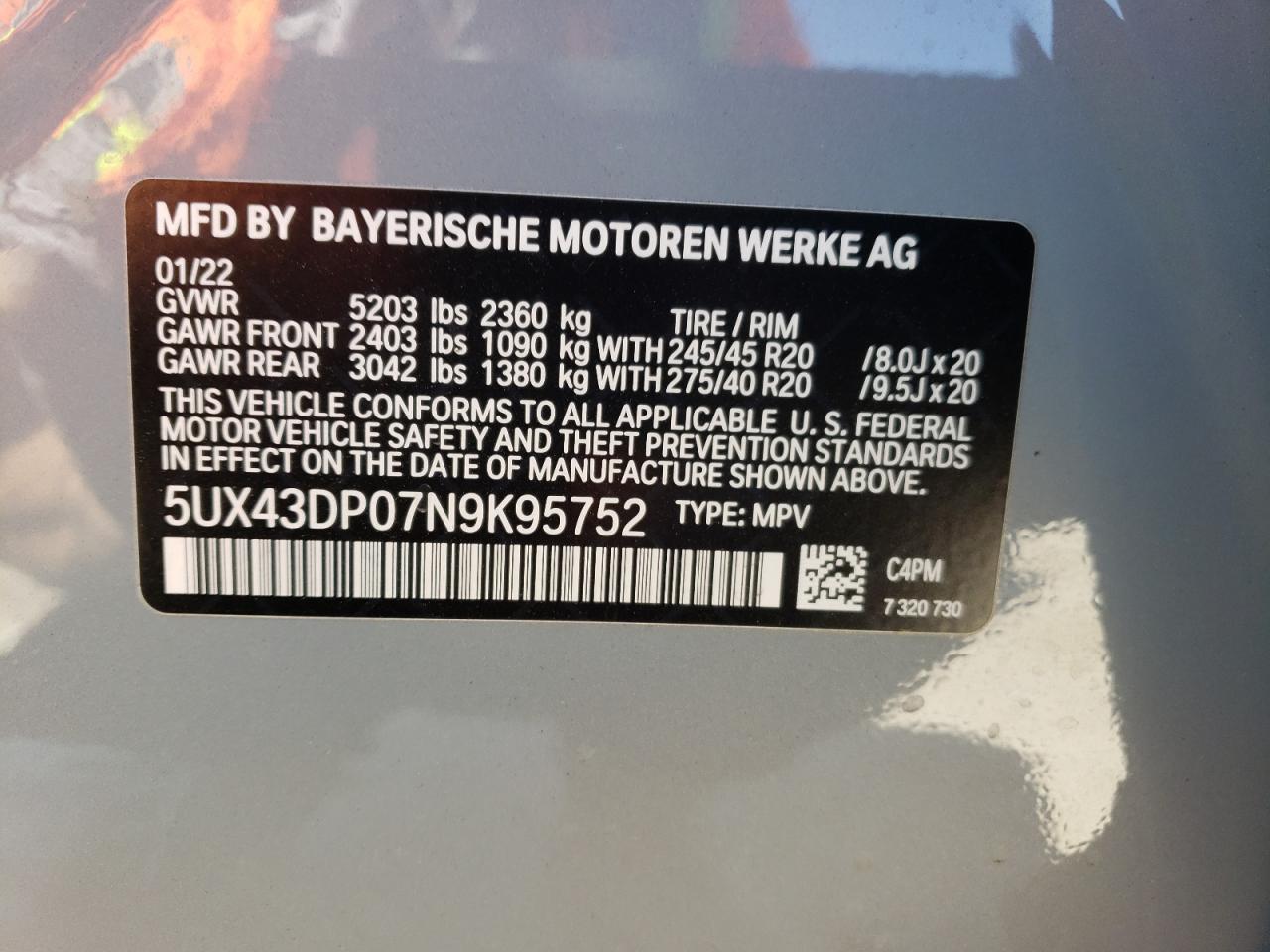 Photo 10 from auction – 2022 BMW X3 SDRIVE3 with VIN 5UX43DP07N9K95752