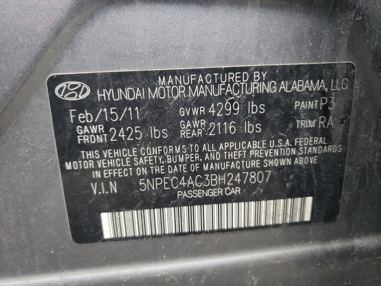 Photo 10 from auction – 2011 HYUNDAI SONATA SE with VIN 5NPEC4AC3BH247807
