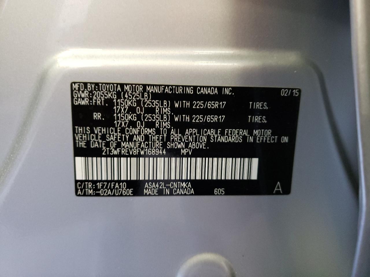 Photo 10 from auction – 2015 TOYOTA RAV4 XLE with VIN 2T3WFREV8FW168944
