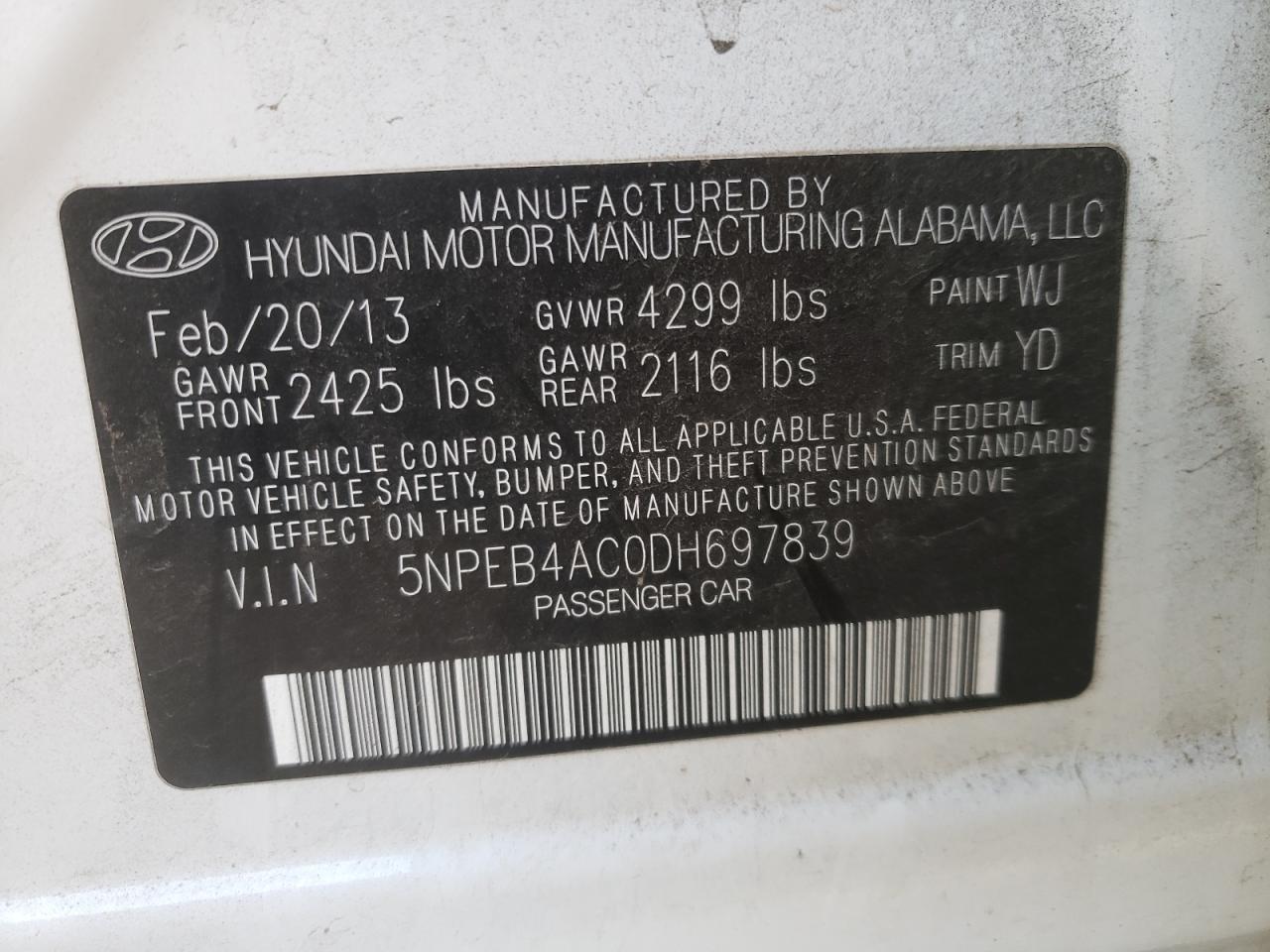 Photo 10 from auction – 2013 HYUNDAI SONATA GLS with VIN 5NPEB4AC0DH697839