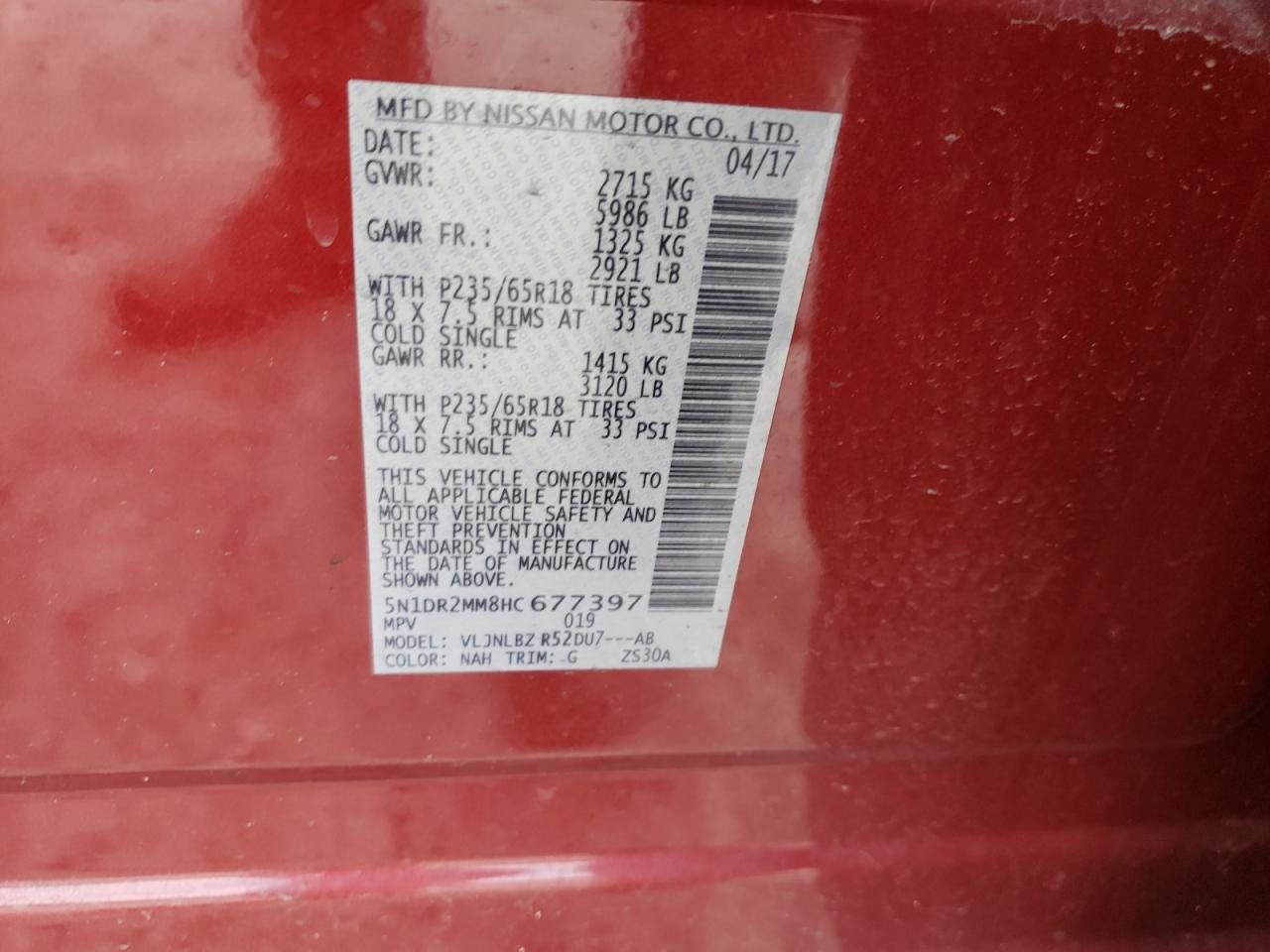 Photo 10 from auction – 2017 NISSAN PATHFINDER with VIN 5N1DR2MM8HC677397