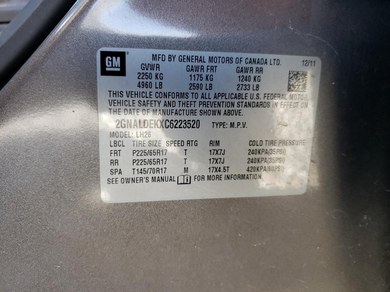 Photo 10 from auction – 2012 CHEVROLET EQUINOX LT with VIN 2GNALDEKXC6223520