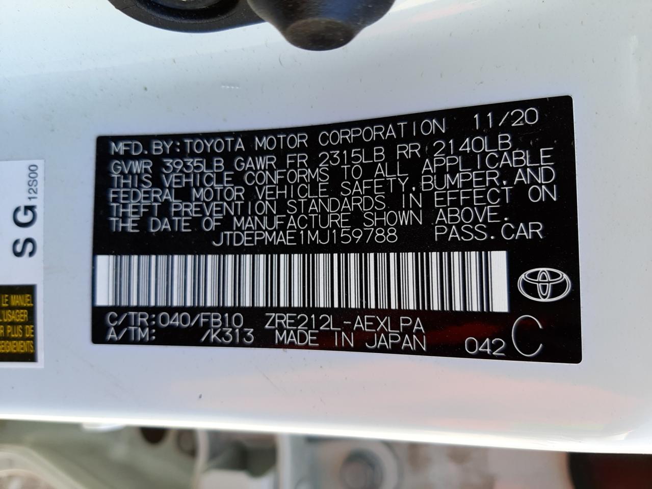 Photo 10 from auction – 2021 TOYOTA COROLLA LE with VIN JTDEPMAE1MJ159788