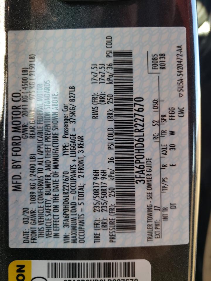 Photo 10 from auction – 2020 FORD FUSION SE with VIN 3FA6P0HD6LR227670