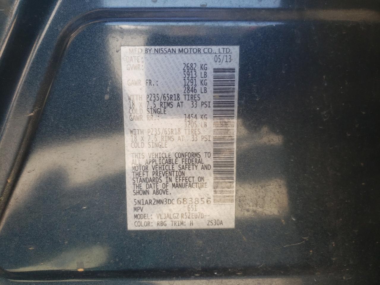 Photo 10 from auction – 2013 NISSAN PATHFINDER with VIN 5N1AR2MN3DC683856
