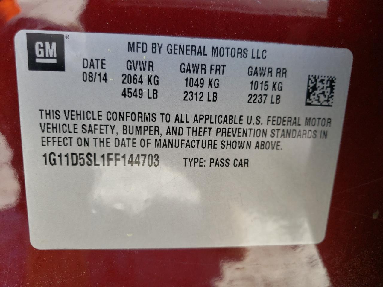 Photo 10 from auction – 2015 CHEVROLET MALIBU 2LT with VIN 1G11D5SL1FF144703