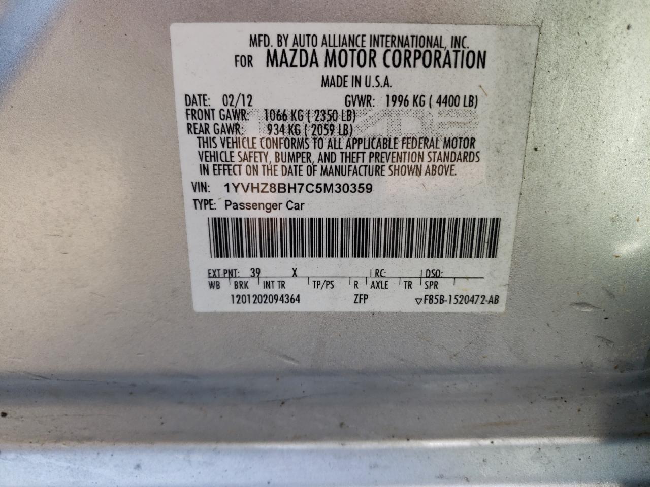 Photo 10 from auction – 2012 MAZDA 6 I with VIN 1YVHZ8BH7C5M30359