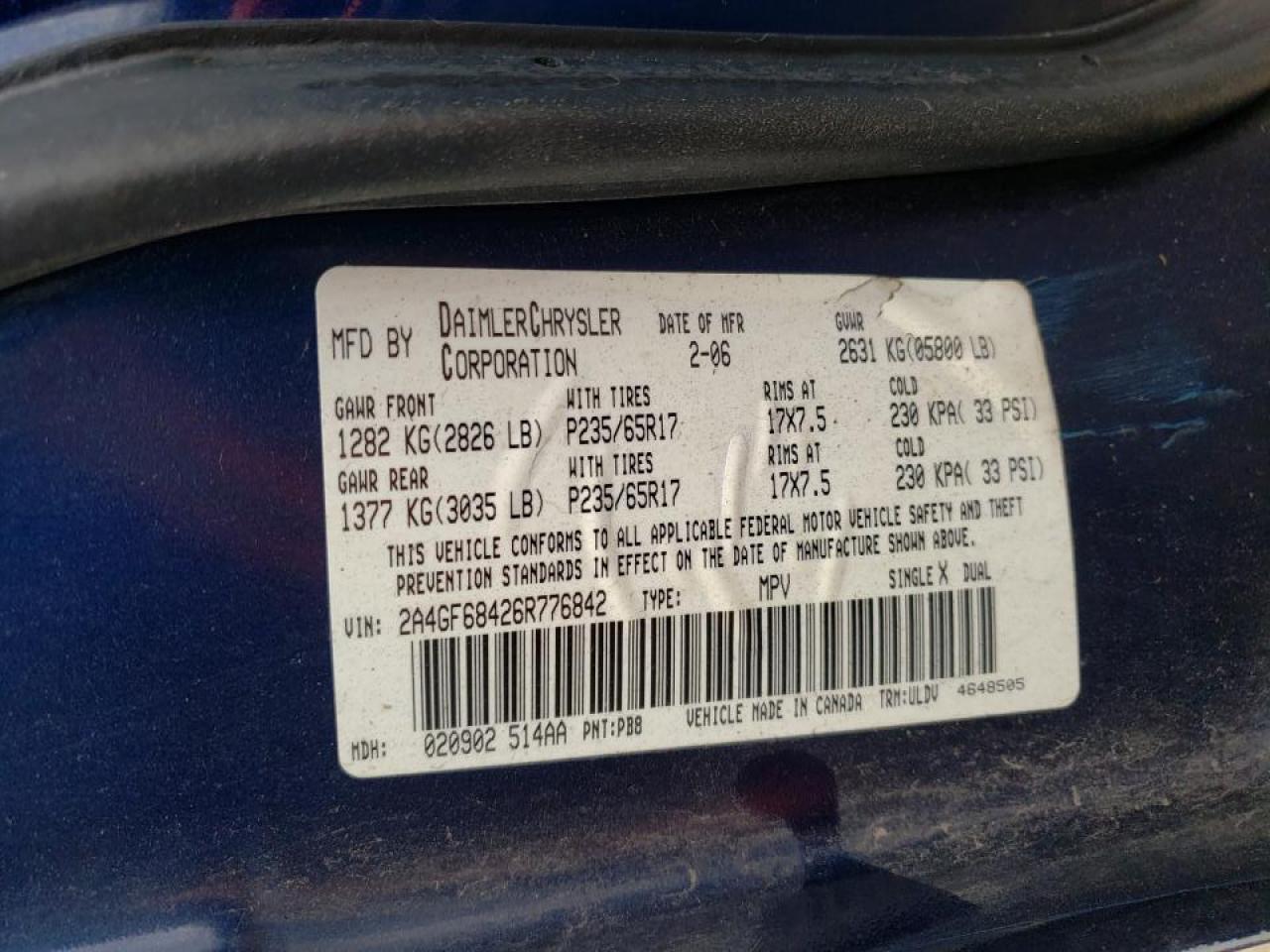 Photo 10 from auction – 2006 CHRYSLER PACIFICA with VIN 2A4GF68426R776842