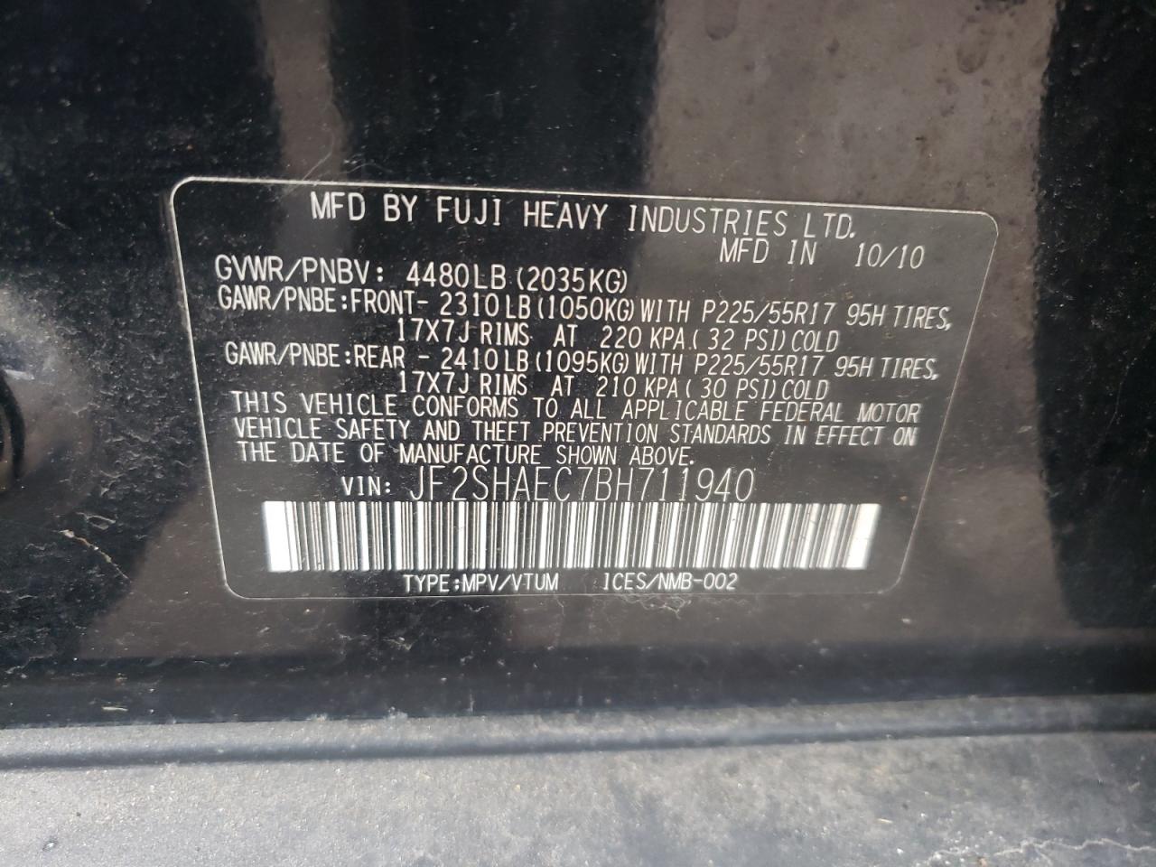 Photo 10 from auction – 2011 SUBARU FORESTER L with VIN JF2SHAEC7BH711940