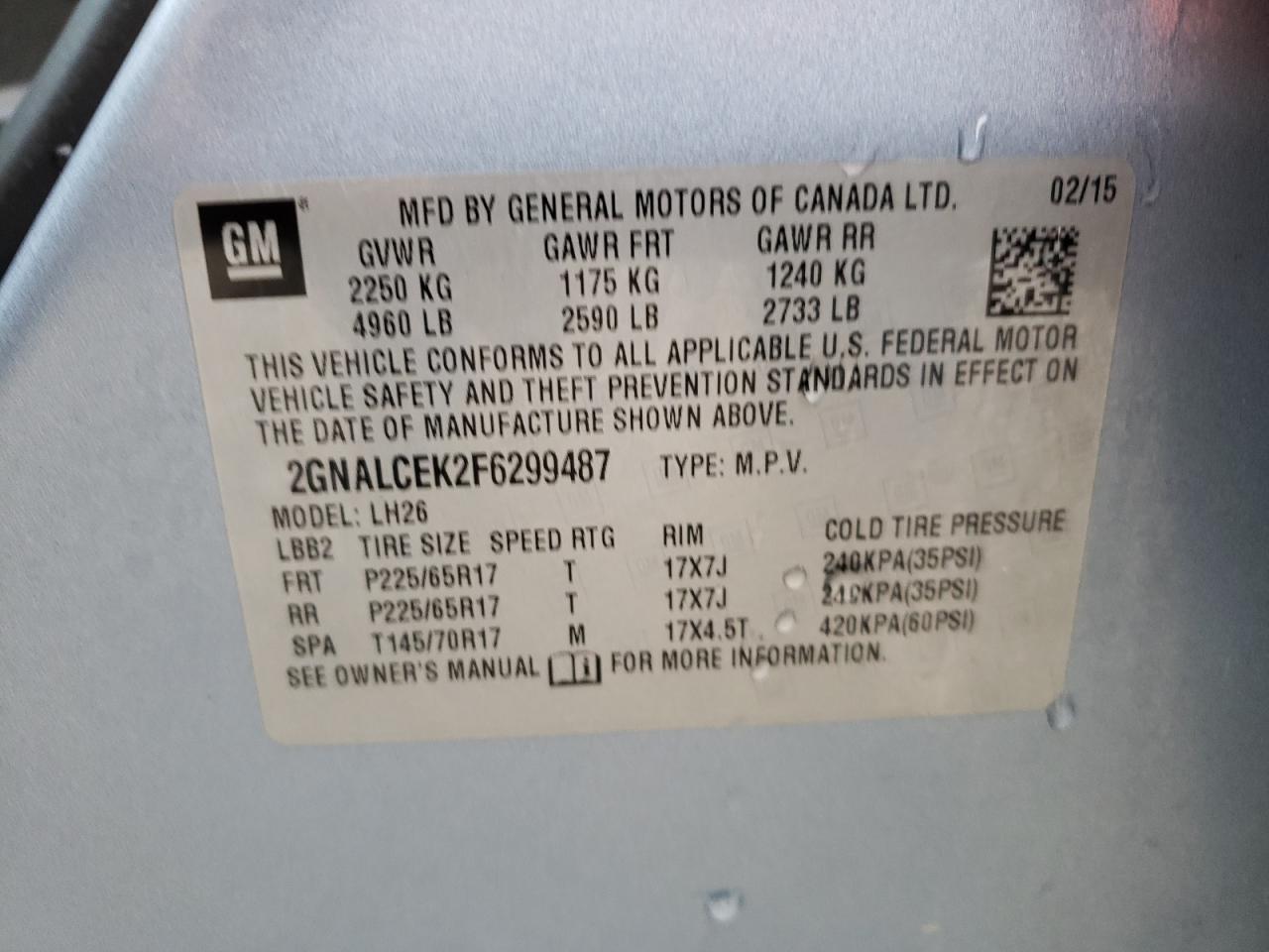 Photo 10 from auction – 2015 CHEVROLET EQUINOX LT with VIN 2GNALCEK2F6299487