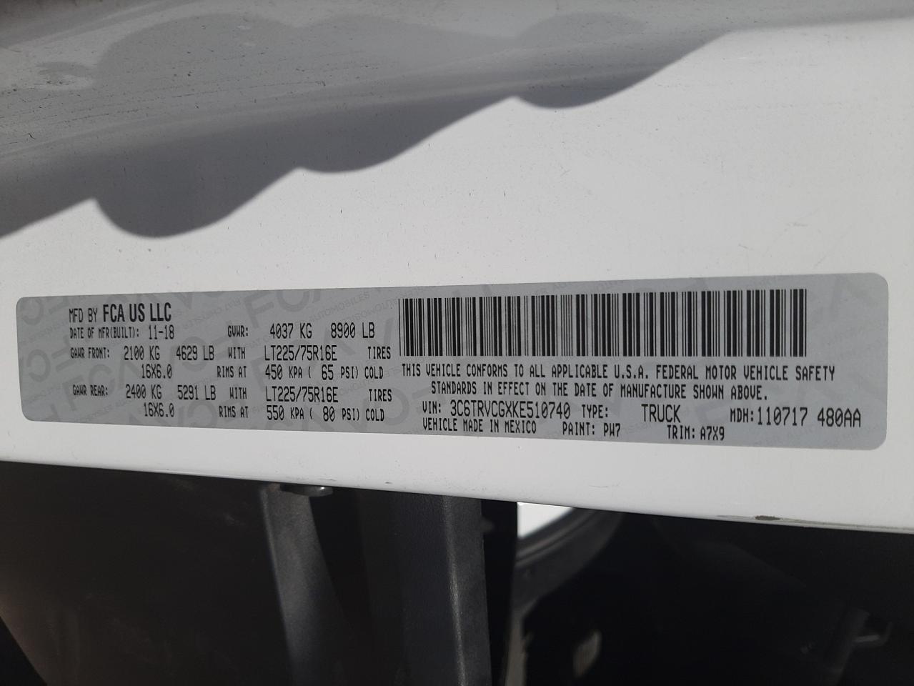 Photo 10 from auction – 2019 RAM PROMASTER with VIN 3C6TRVCGXKE510740