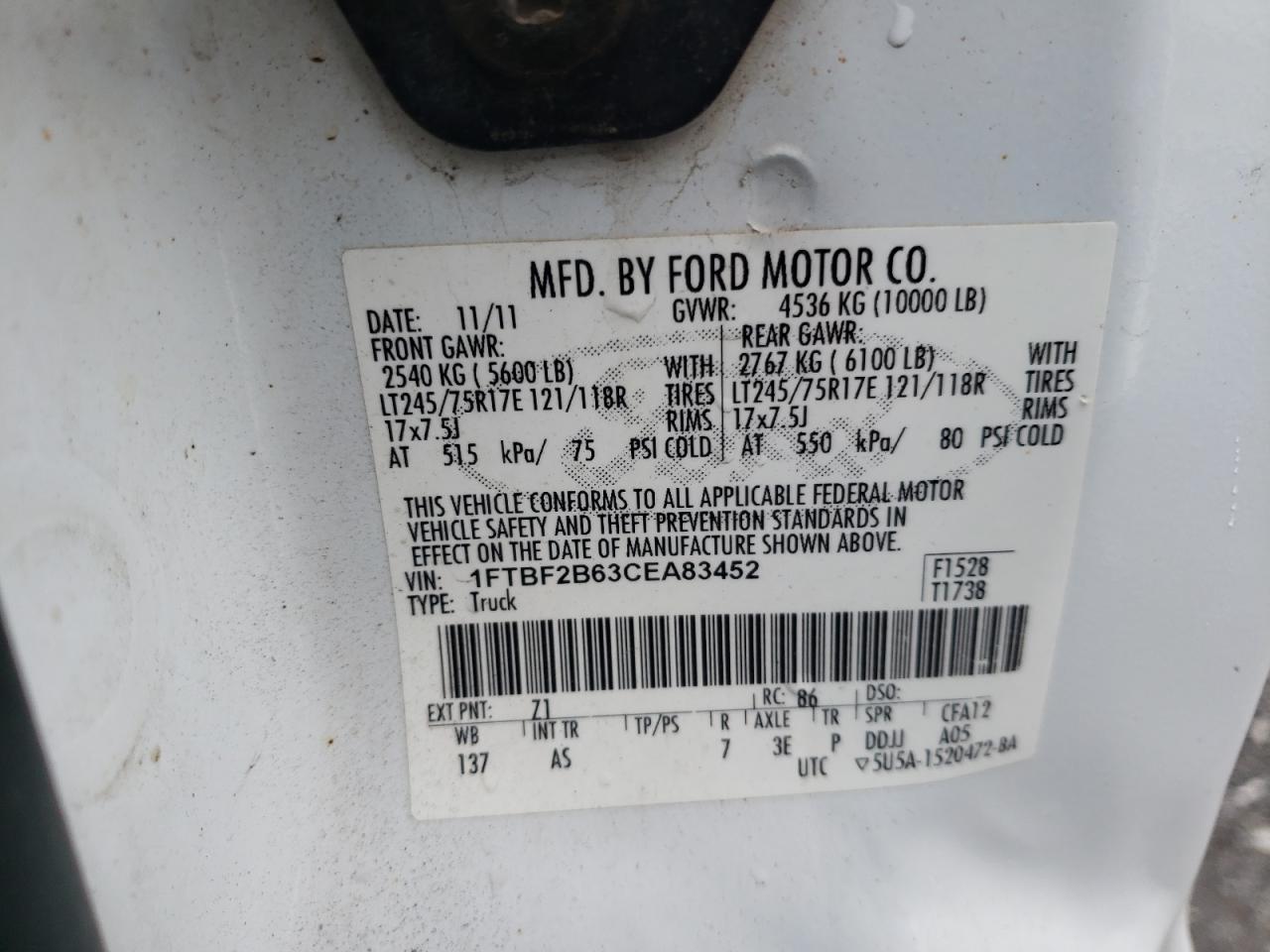 Photo 10 from auction – 2012 FORD F250 SUPER with VIN 1FTBF2B63CEA83452