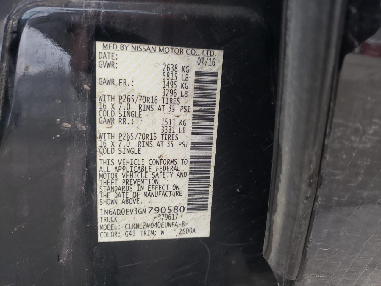 Photo 10 from auction – 2016 NISSAN FRONTIER S with VIN 1N6AD0EV3GN790580