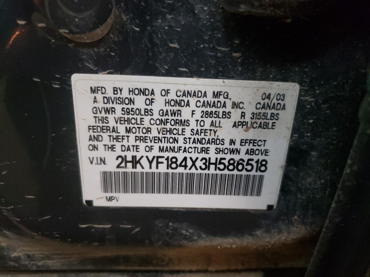 Photo 10 from auction – 2003 HONDA PILOT EX with VIN 2HKYF184X3H586518