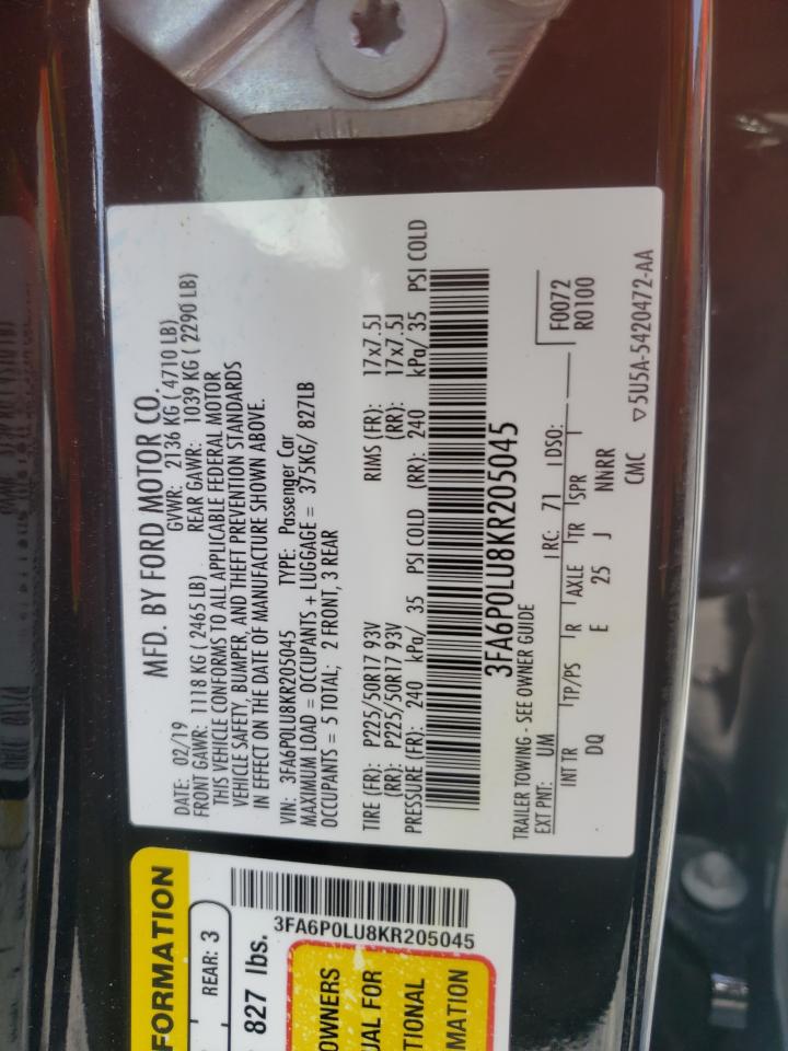 Photo 10 from auction – 2019 FORD FUSION SE with VIN 3FA6P0LU8KR205045