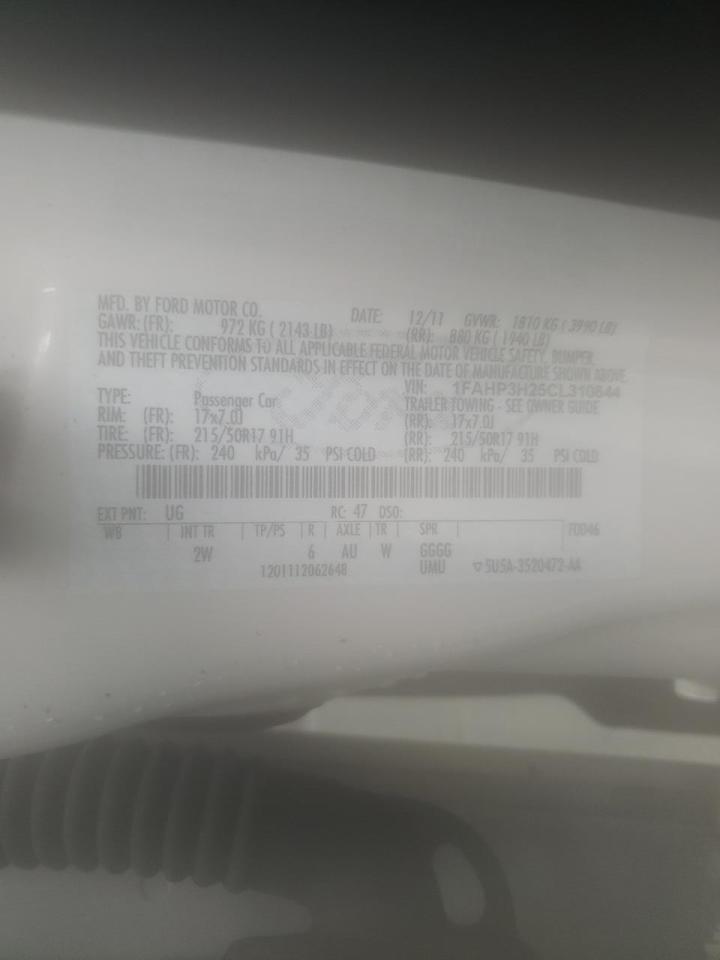 Photo 10 from auction – 2012 FORD FOCUS SEL with VIN 1FAHP3H25CL310644