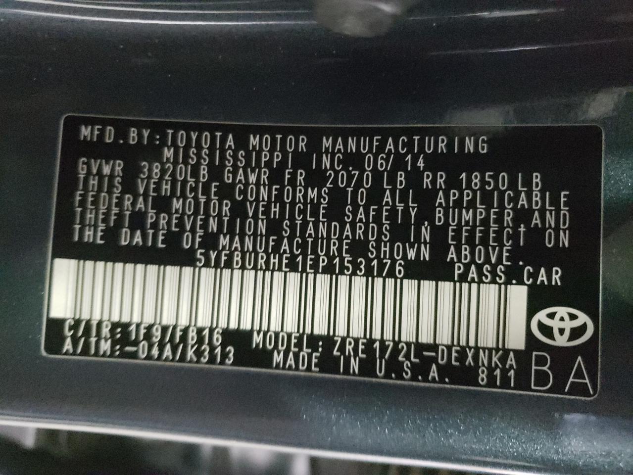 Photo 10 from auction – 2014 TOYOTA COROLLA L with VIN 5YFBURHE1EP153176