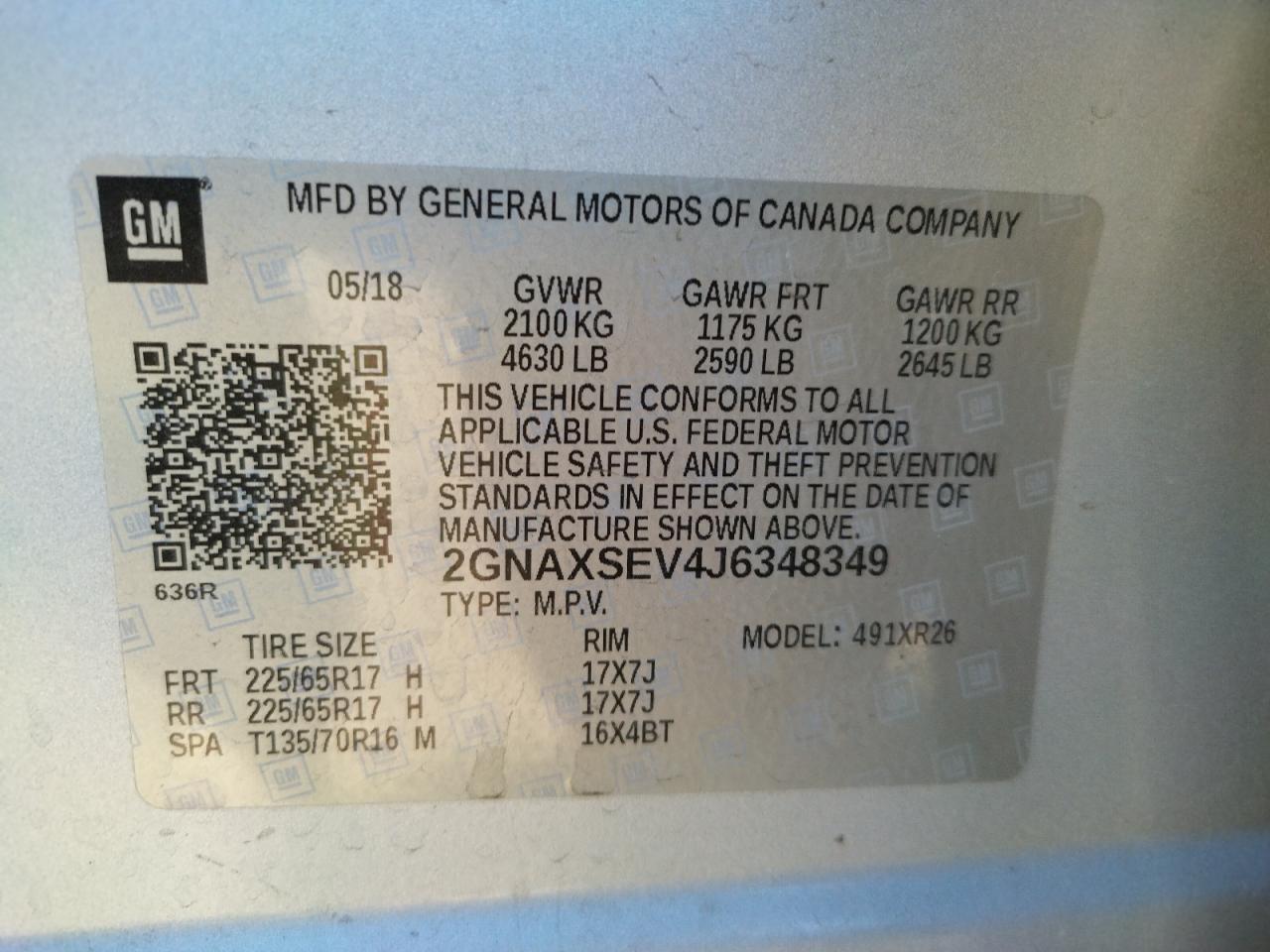 Photo 10 from auction – 2018 CHEVROLET EQUINOX LT with VIN 2GNAXSEV4J6348349