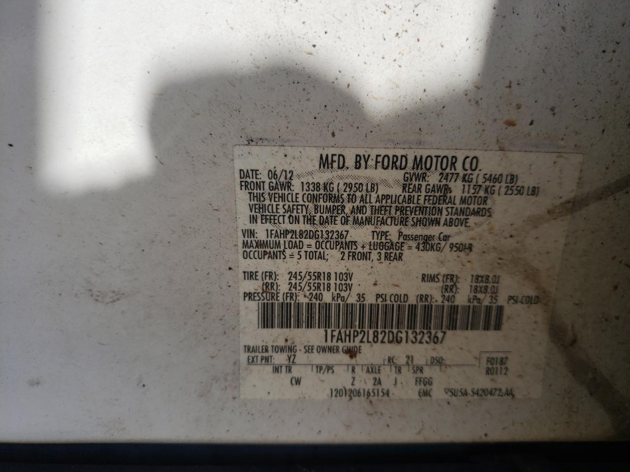 Photo 10 from auction – 2013 FORD TAURUS POL with VIN 1FAHP2L82DG132367