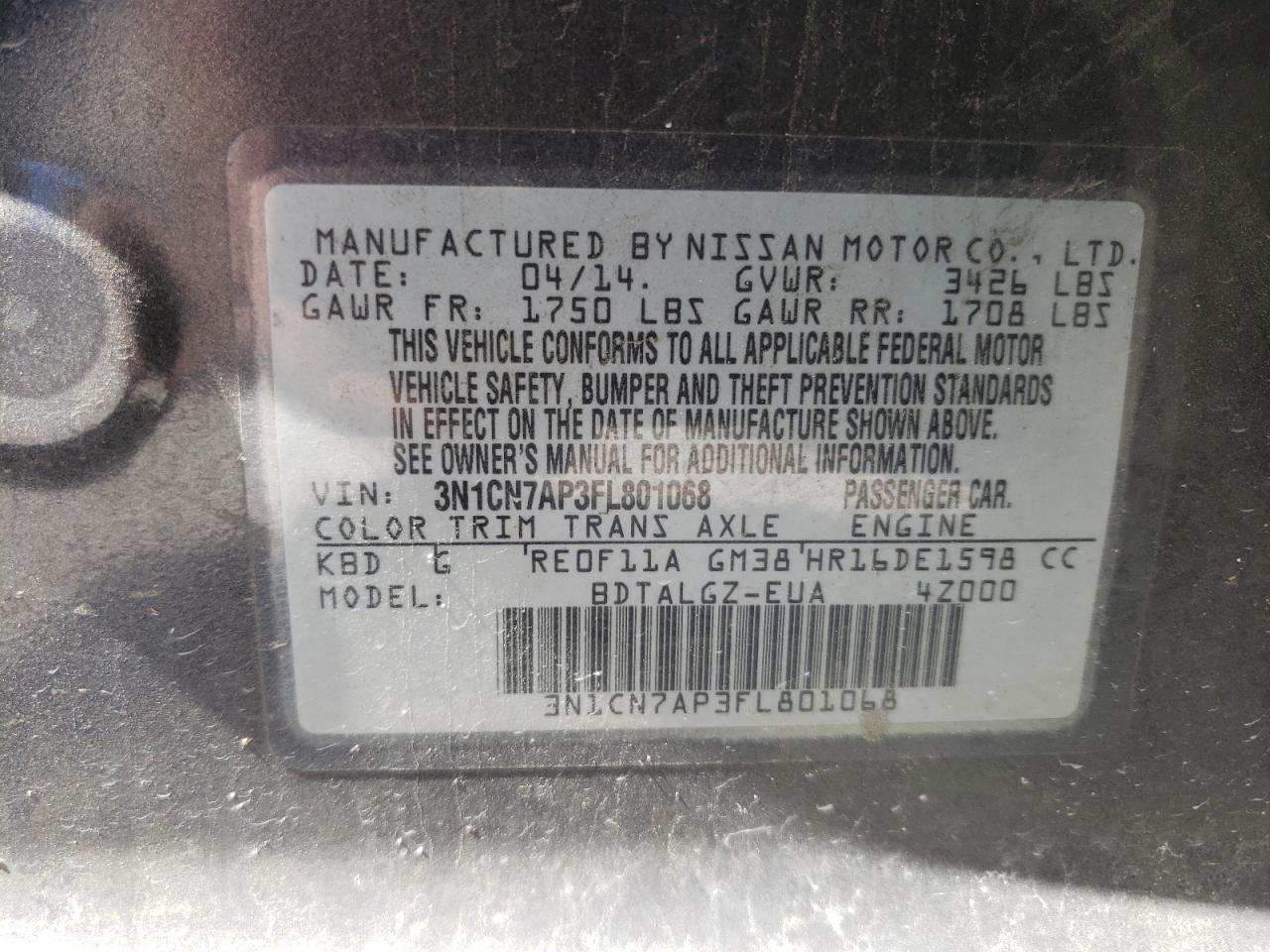 Photo 10 from auction – 2015 NISSAN VERSA S with VIN 3N1CN7AP3FL801068