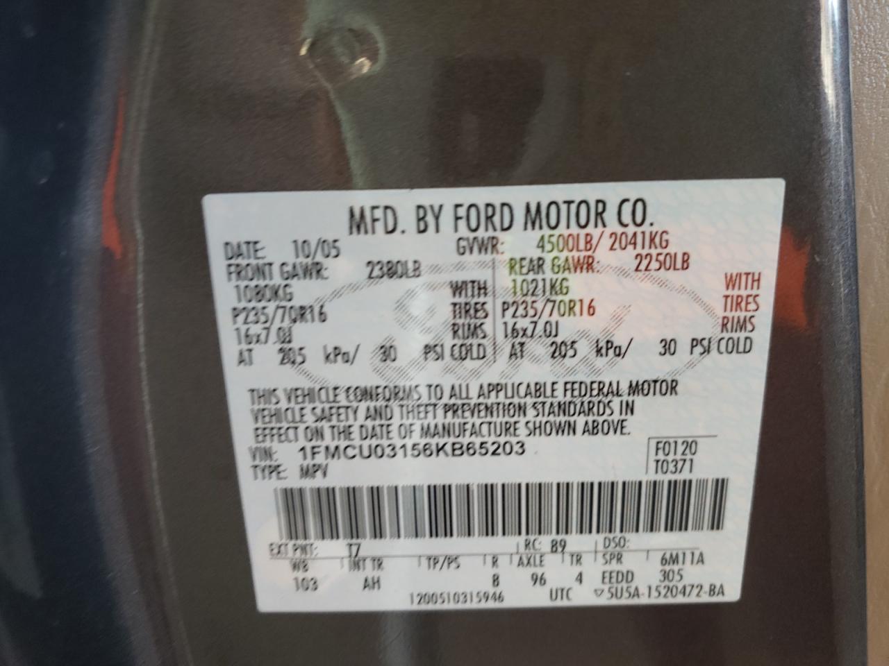 Photo 10 from auction – 2006 FORD ESCAPE with VIN 1FMCU03156KB65203