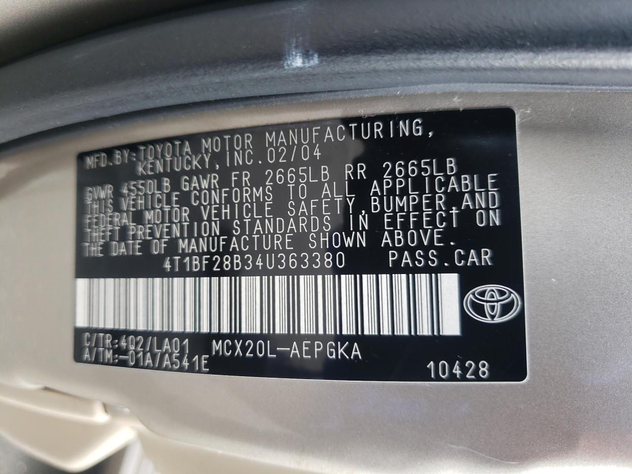 Photo 10 from auction – 2004 TOYOTA AVALON XL with VIN 4T1BF28B34U363380