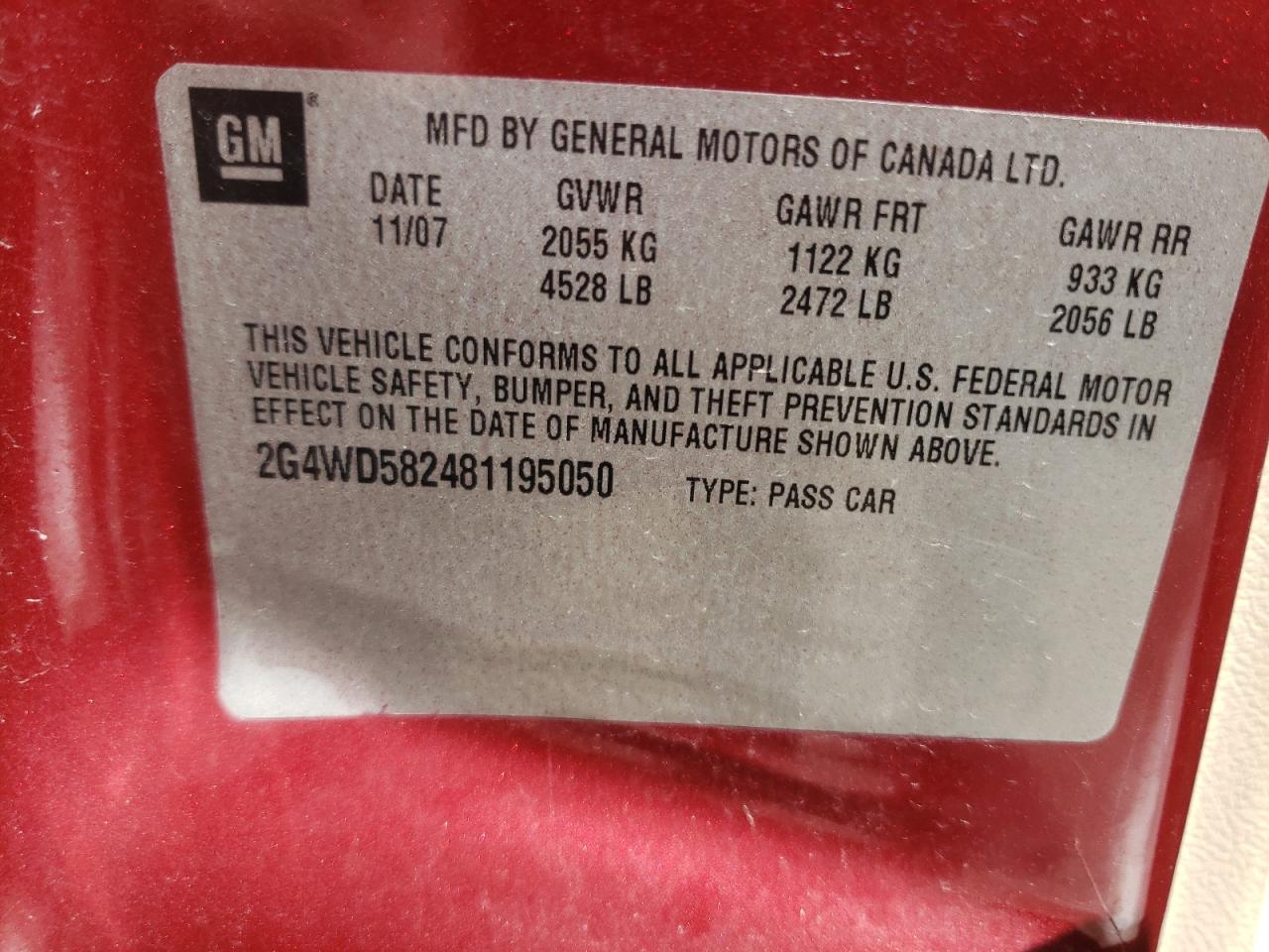 Photo 10 from auction – 2008 BUICK LACROSSE C with VIN 2G4WD582481195050