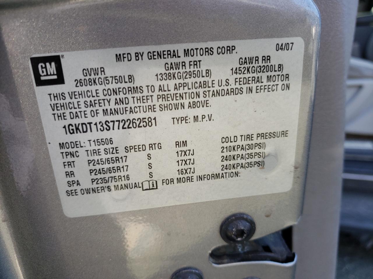 Photo 10 from auction – 2007 GMC ENVOY with VIN 1GKDT13S772262581