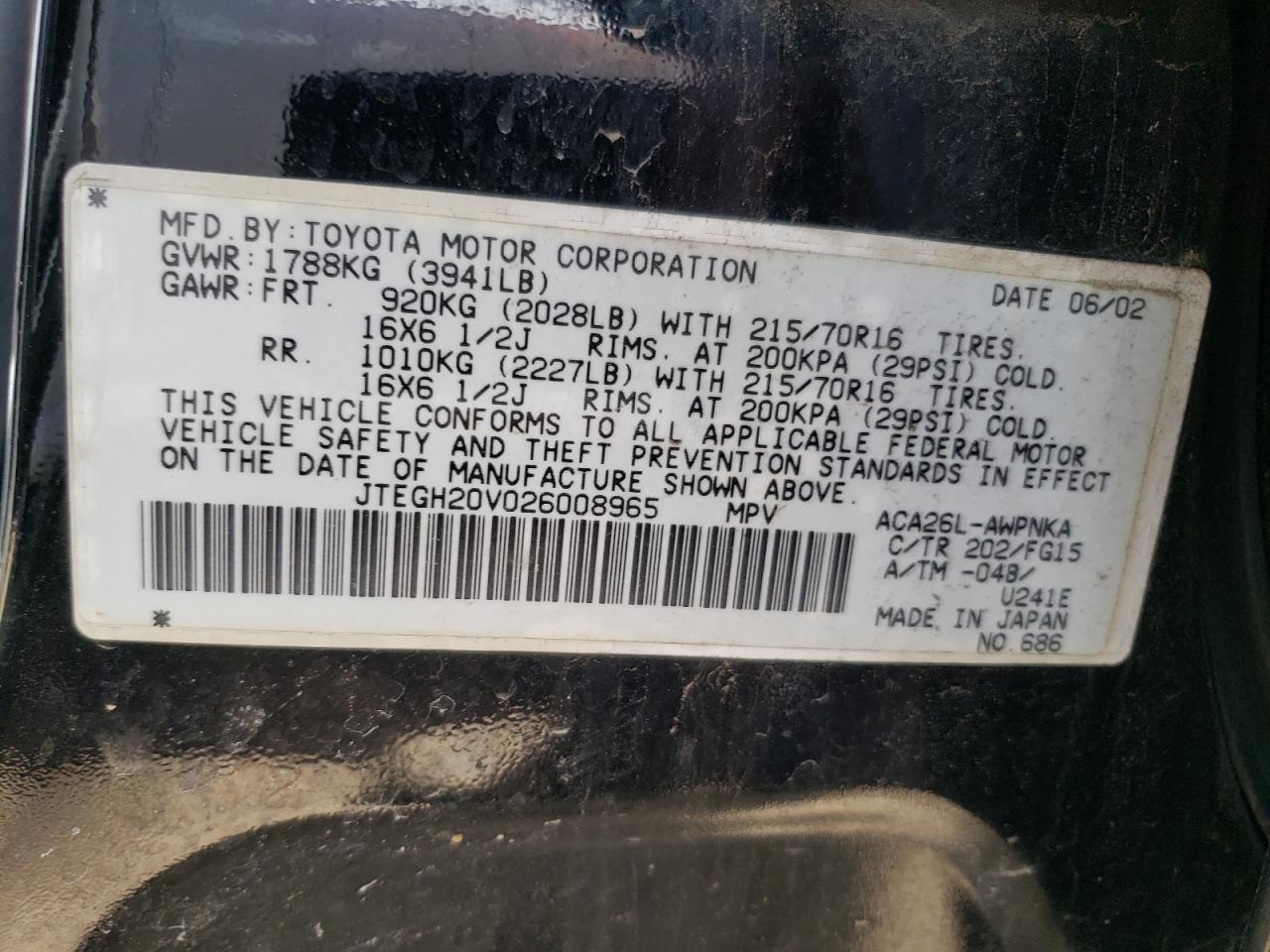 Photo 10 from auction – 2002 TOYOTA RAV4 with VIN JTEGH20V026008965