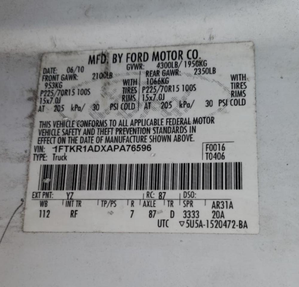 Photo 10 from auction – 2010 FORD RANGER with VIN 1FTKR1ADXAPA76596