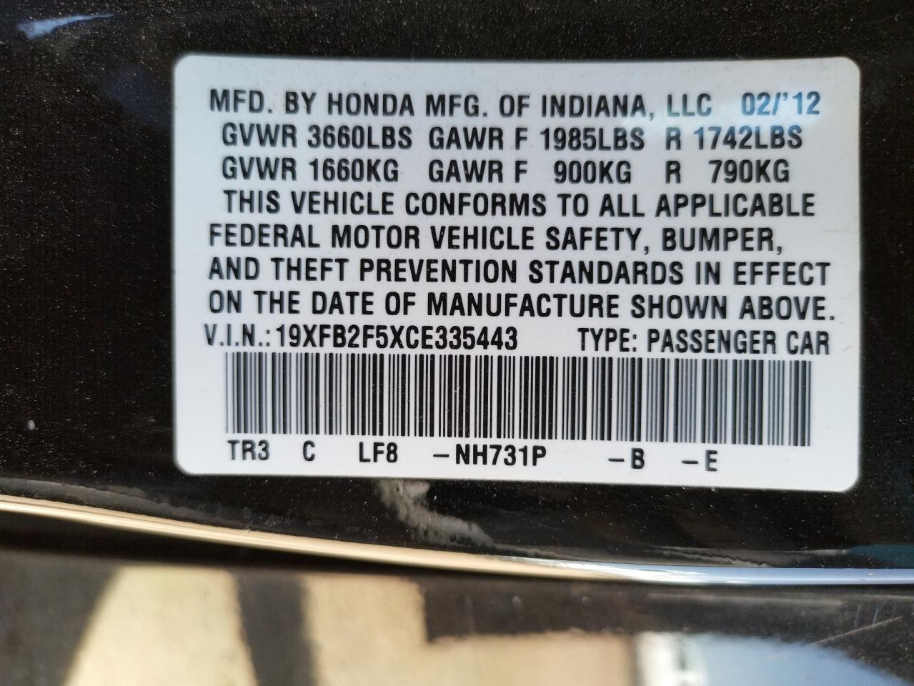 Photo 10 from auction – 2012 HONDA CIVIC LX with VIN 19XFB2F5XCE335443