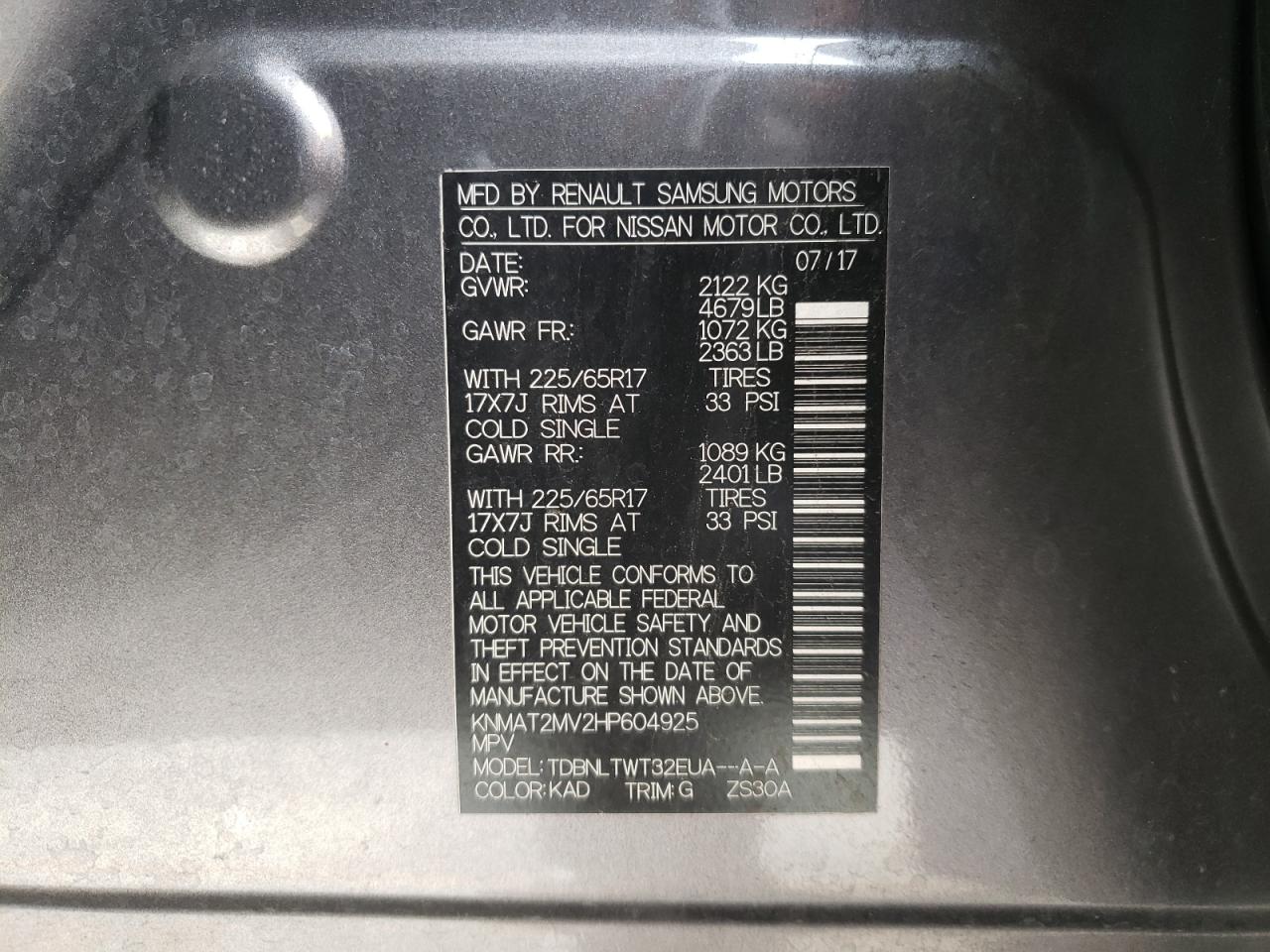 Photo 10 from auction – 2017 NISSAN ROGUE S with VIN KNMAT2MV2HP604925