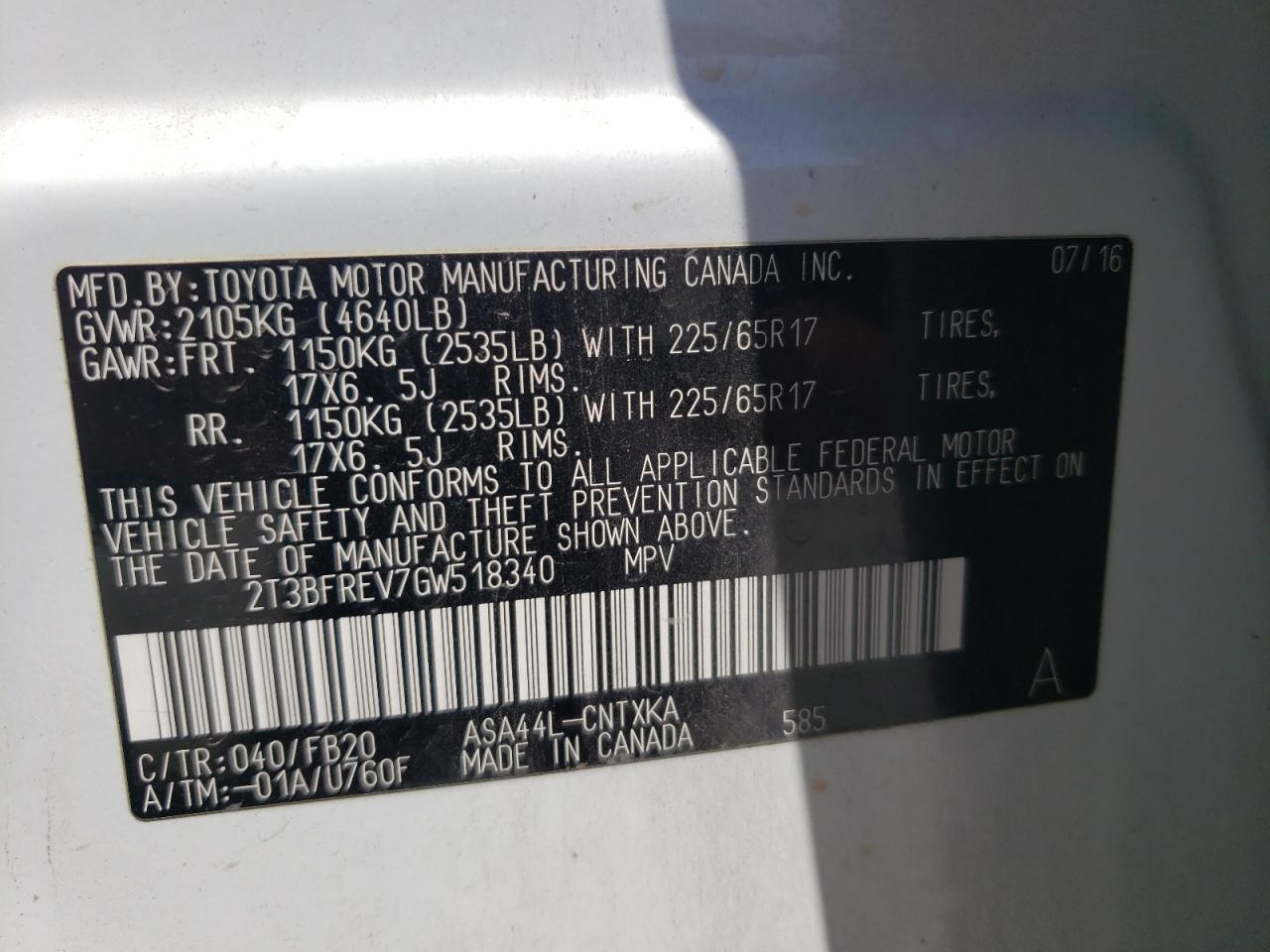 Photo 10 from auction – 2016 TOYOTA RAV4 LE with VIN 2T3BFREV7GW518340