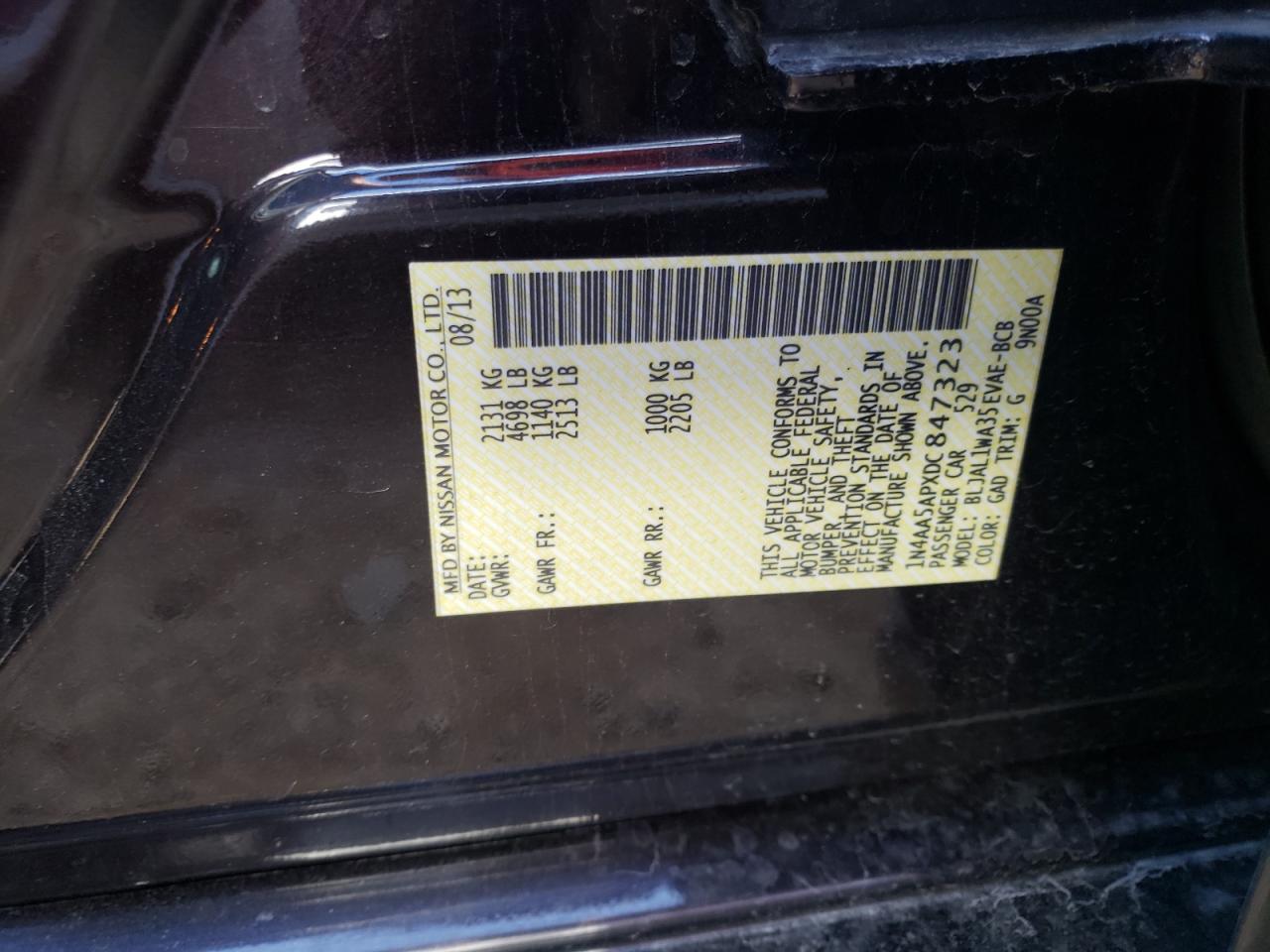 Photo 10 from auction – 2013 NISSAN MAXIMA S with VIN 1N4AA5APXDC847323