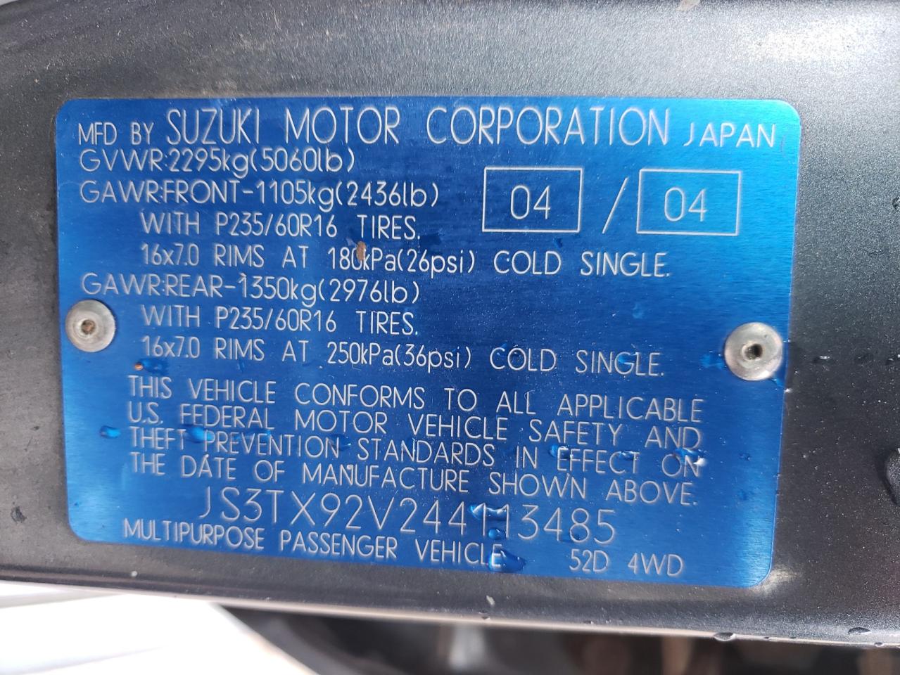 Photo 10 from auction – 2004 SUZUKI XL7 EX with VIN JS3TX92V244113485