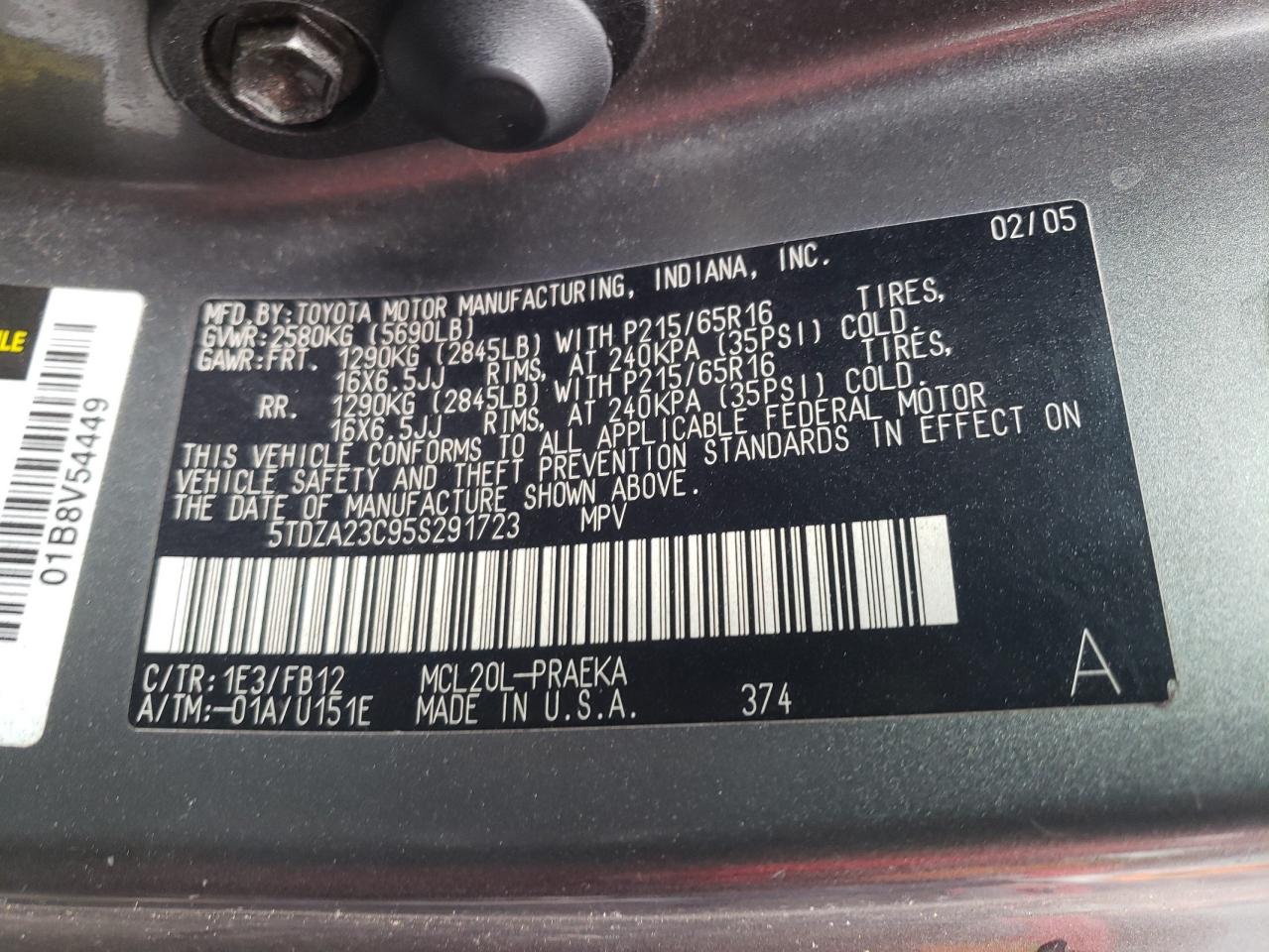 Photo 10 from auction – 2005 TOYOTA SIENNA CE with VIN 5TDZA23C95S291723