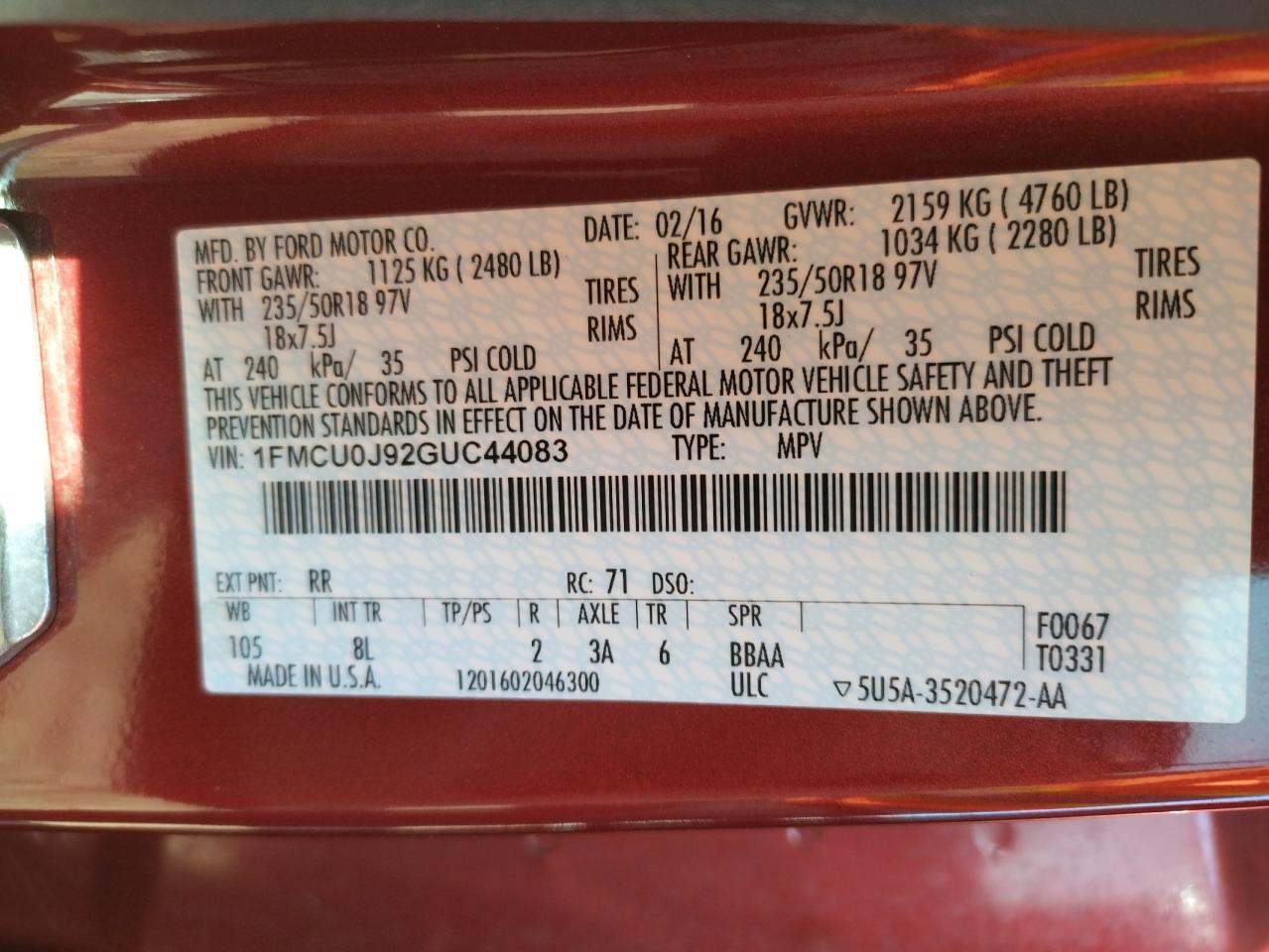 Photo 10 from auction – 2016 FORD ESCAPE TIT with VIN 1FMCU0J92GUC44083