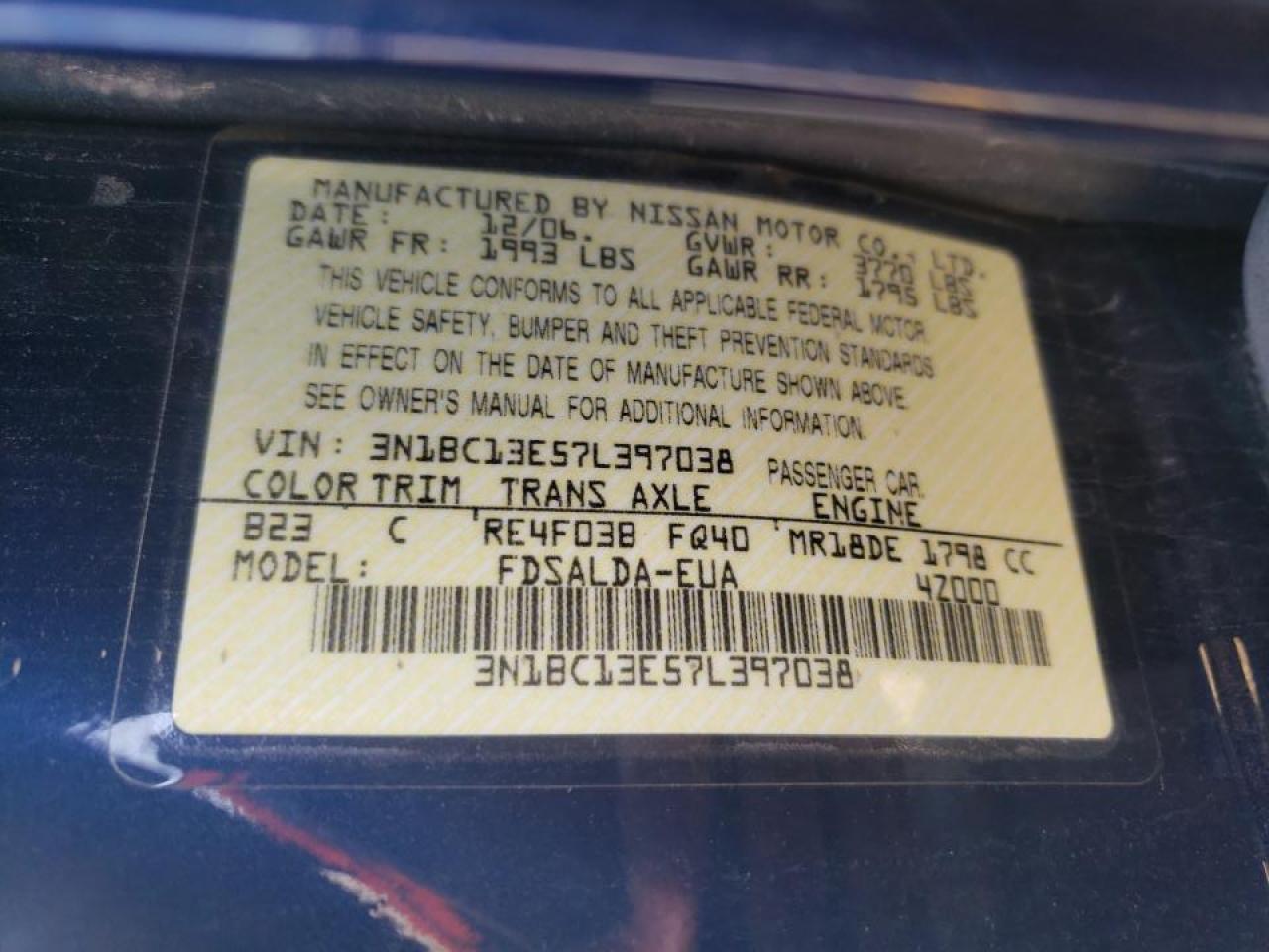 Photo 10 from auction – 2007 NISSAN VERSA S with VIN 3N1BC13E57L397038