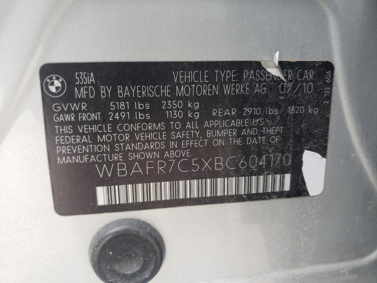 Photo 10 from auction – 2011 BMW 535 I with VIN WBAFR7C5XBC604170