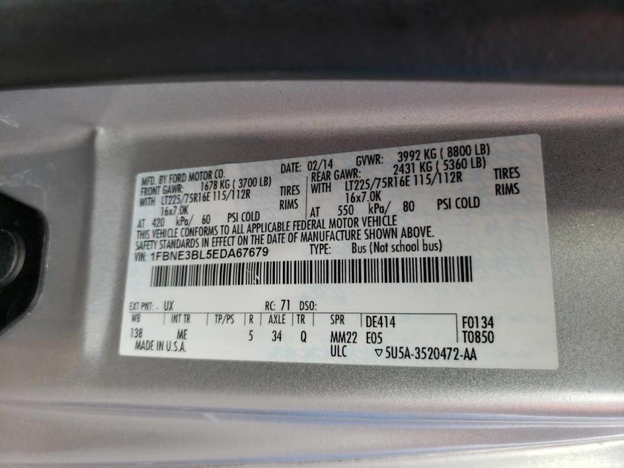 Photo 10 from auction – 2014 FORD ECONOLINE with VIN 1FBNE3BL5EDA67679