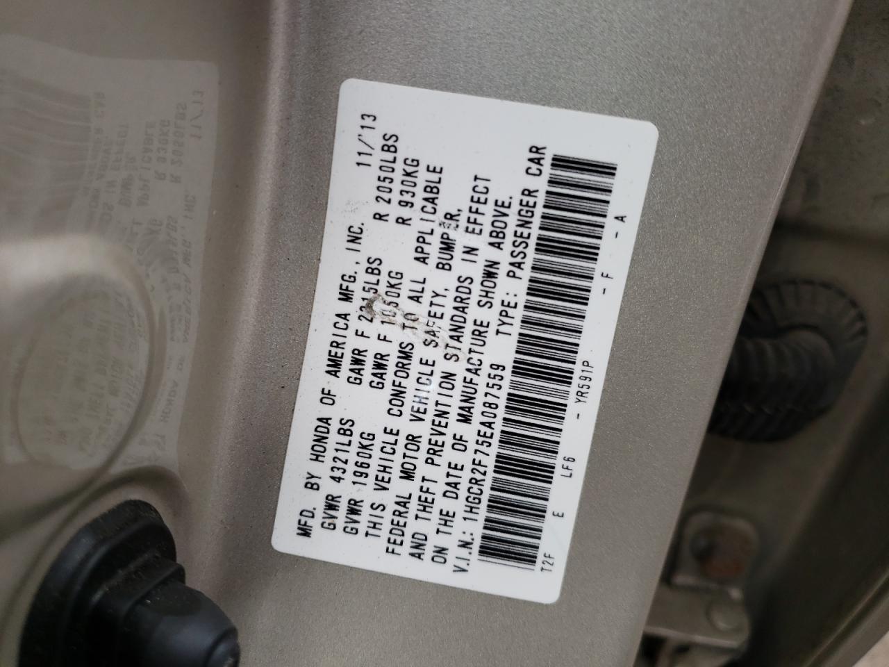 Photo 10 from auction – 2014 HONDA ACCORD EX with VIN 1HGCR2F75EA087559