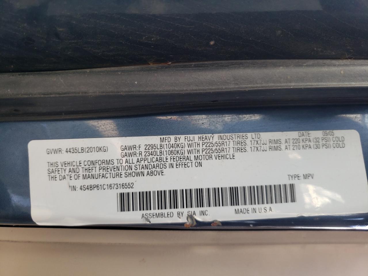 Photo 10 from auction – 2006 SUBARU LEGACY OUT with VIN 4S4BP61C167316552